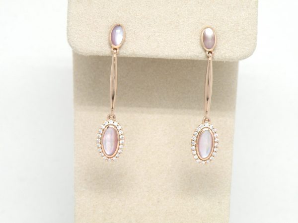 Kabana 14k Rose Gold long dangle earrings, Pink Mother of Pearl, Diamonds - Image 2