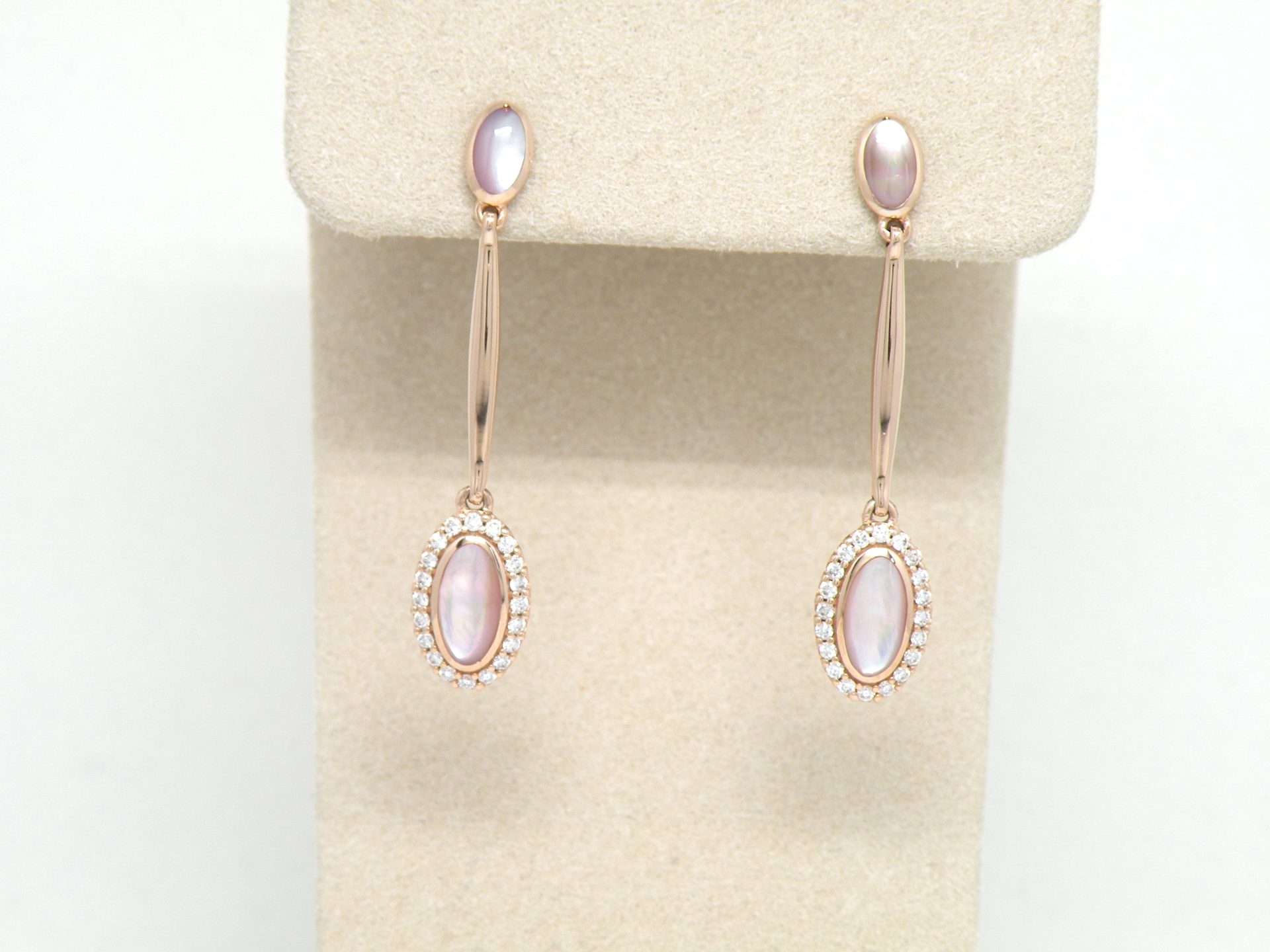 Kabana 14k Rose Gold long dangle earrings, Pink Mother of Pearl, Diamonds - Image 2