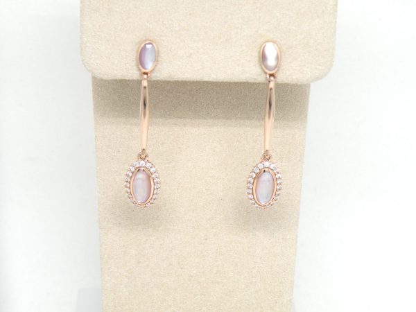 Kabana 14k Rose Gold long dangle earrings, Pink Mother of Pearl, Diamonds - Image 3