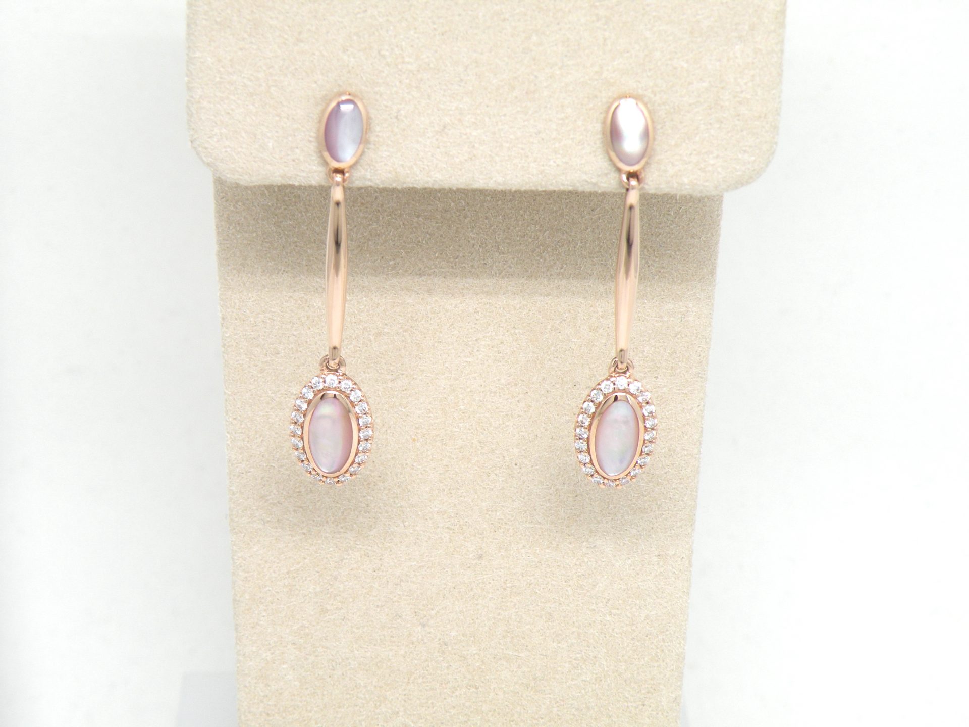 Kabana 14k Rose Gold long dangle earrings, Pink Mother of Pearl, Diamonds - Image 3