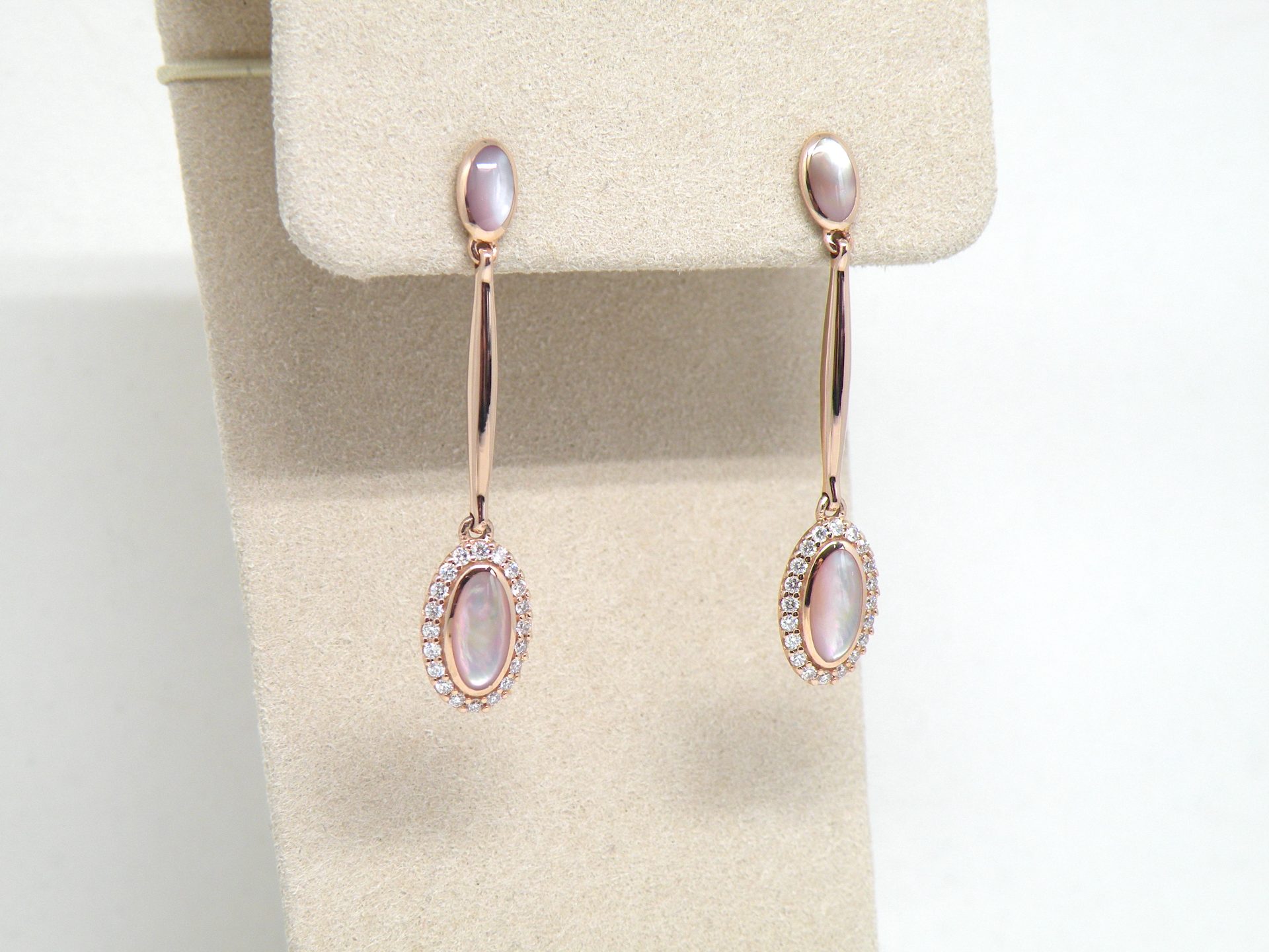 Kabana 14k Rose Gold long dangle earrings, Pink Mother of Pearl, Diamonds
