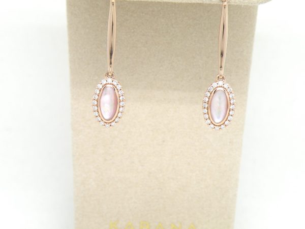 Kabana 14k Rose Gold long dangle earrings, Pink Mother of Pearl, Diamonds - Image 7