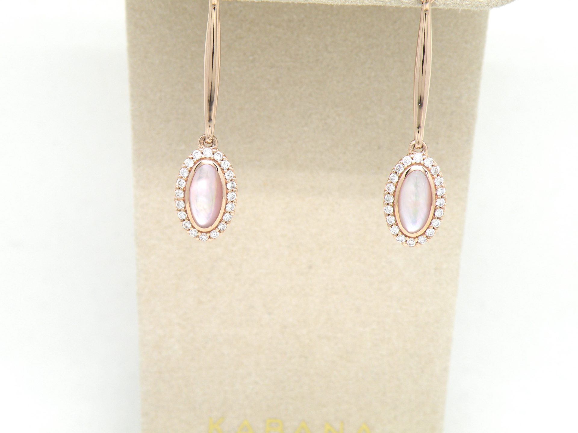 Kabana 14k Rose Gold long dangle earrings, Pink Mother of Pearl, Diamonds - Image 7