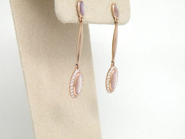 Kabana 14k Rose Gold long dangle earrings, Pink Mother of Pearl, Diamonds - Image 4