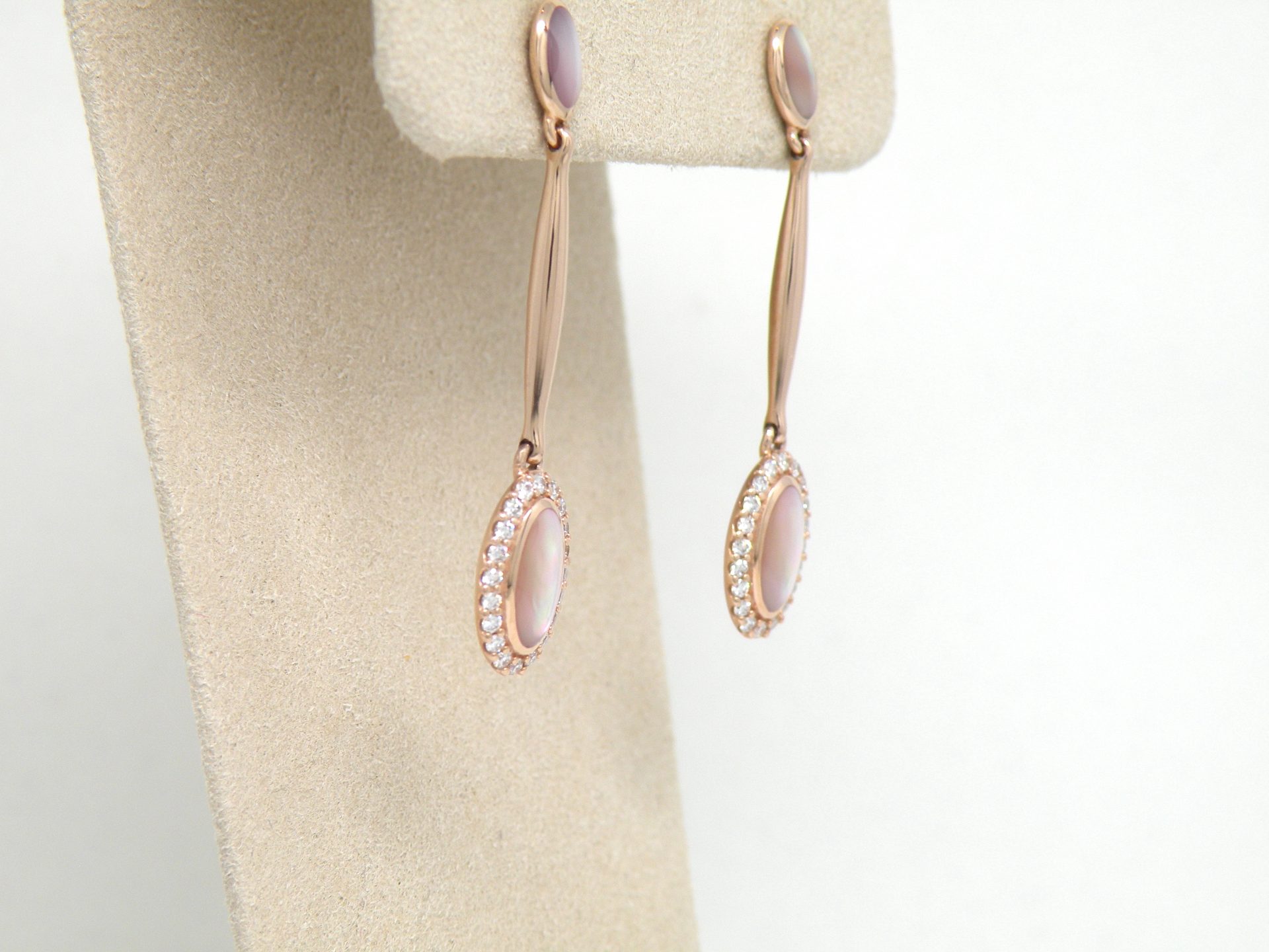 Kabana 14k Rose Gold long dangle earrings, Pink Mother of Pearl, Diamonds - Image 4
