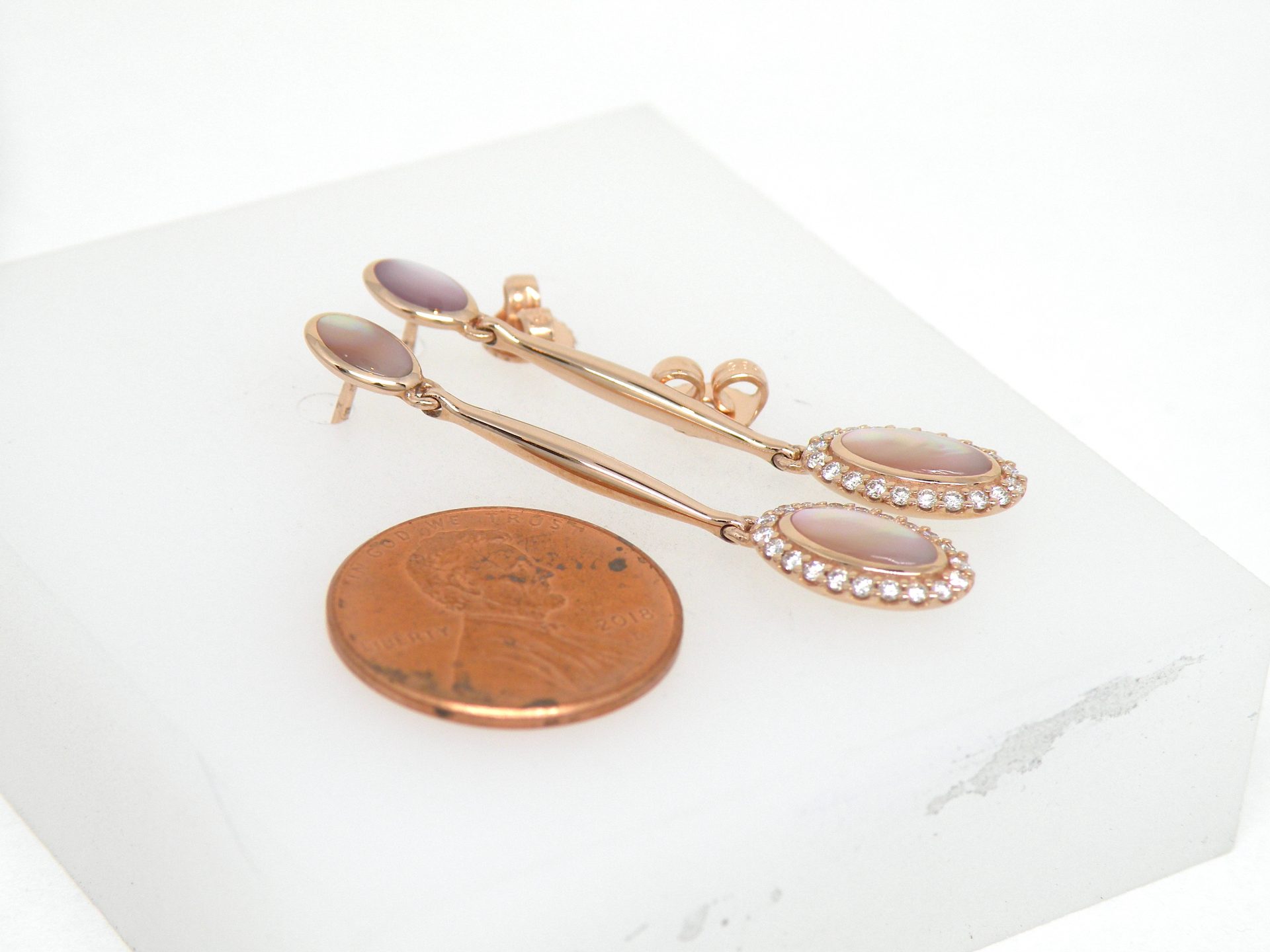 Kabana 14k Rose Gold long dangle earrings, Pink Mother of Pearl, Diamonds - Image 9