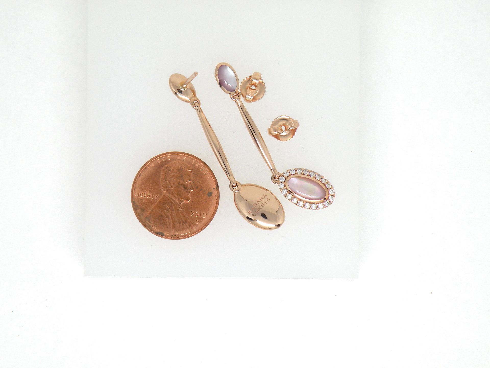 Kabana 14k Rose Gold long dangle earrings, Pink Mother of Pearl, Diamonds - Image 8