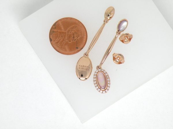 Kabana 14k Rose Gold long dangle earrings, Pink Mother of Pearl, Diamonds - Image 5