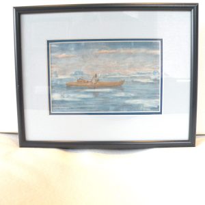 George Ahgupuk Original Color Drawing on Caribou Skin.     "Man in a Kayak"
