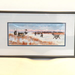 George Ahgupuk Original Color Drawing on Reindeer Skin.  "Herd of Caribou"